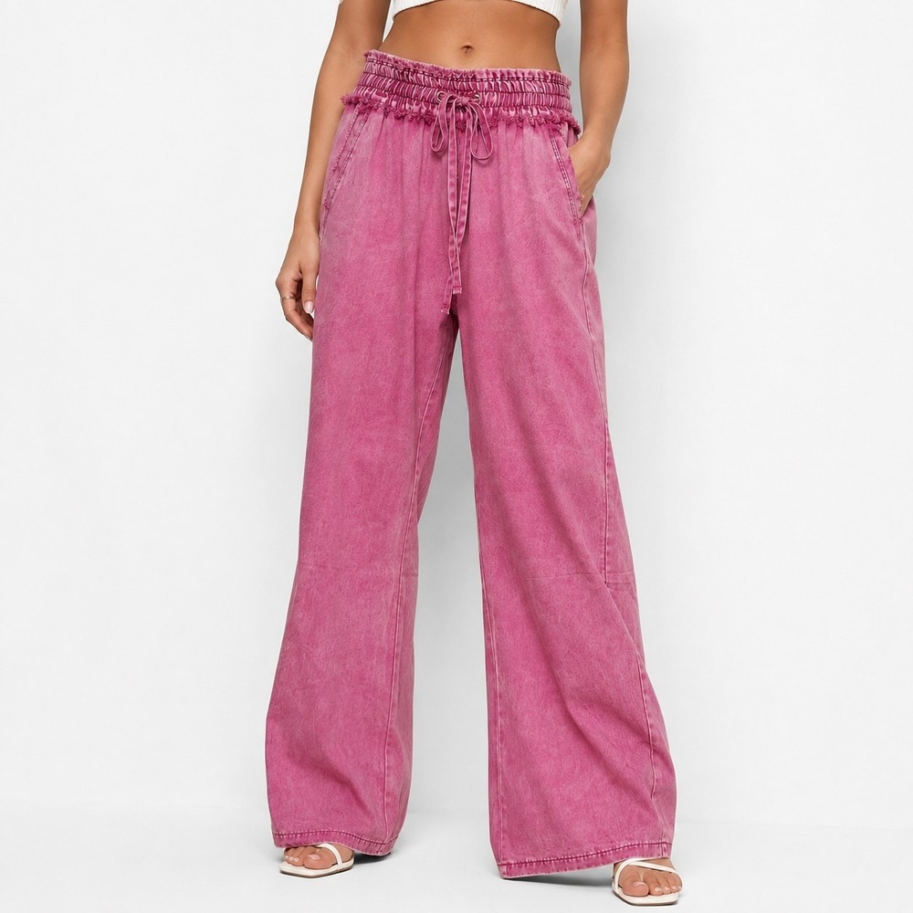 Zenana Wide Leg Pants Women's Small Pink Acid Wash Elastic Waist Casual Wear